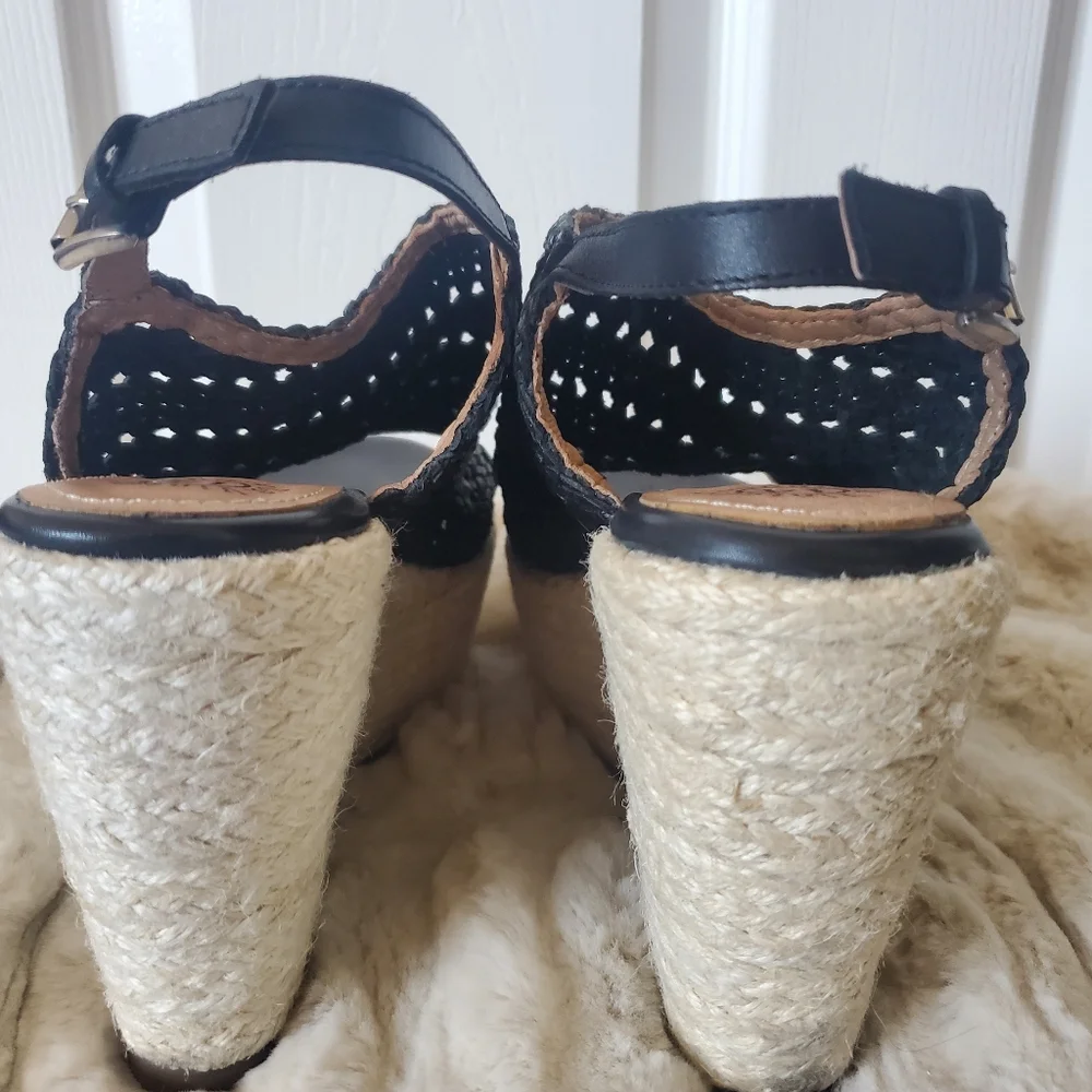 Black Leather Peep Toe Wedge Espadrilles